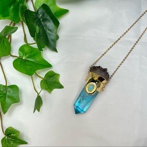 Gold Electroformed Blue Aura Quartz & Amethyst Crystal Point Necklace